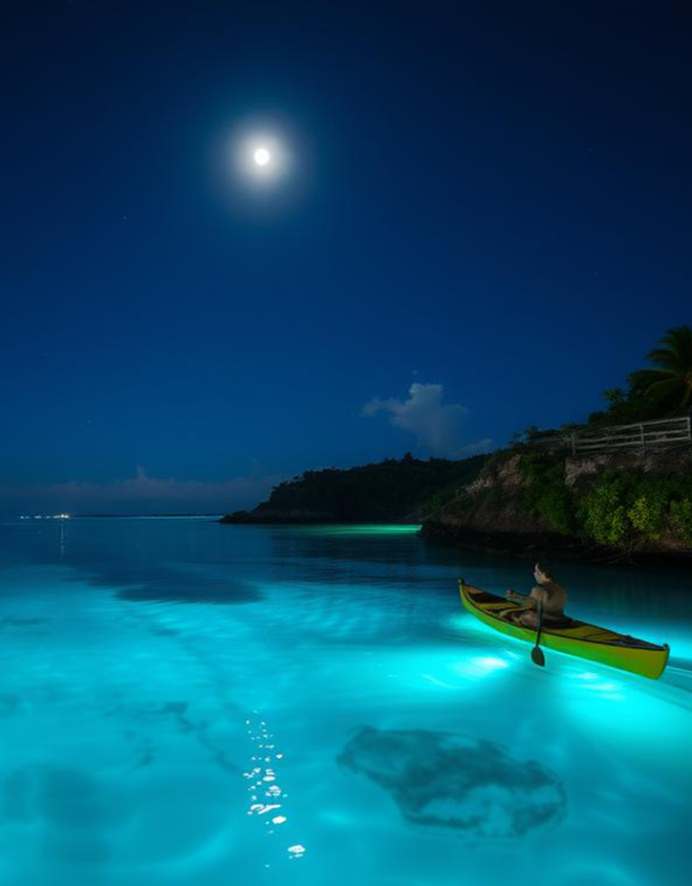 Moonlit cove with glowing blue water